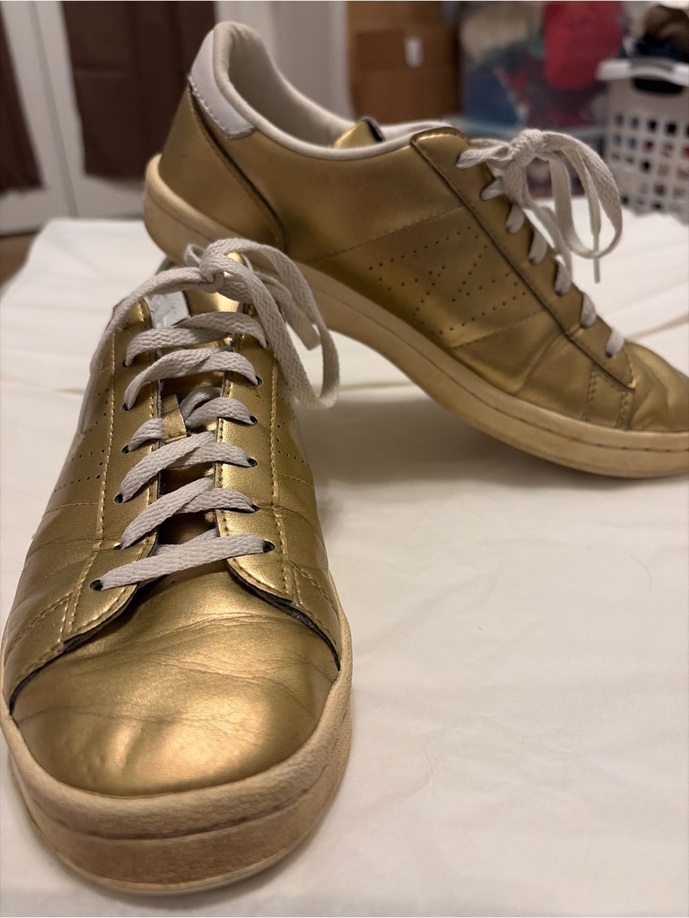 New Balance Gold Leather Low-Top Sneakers with White Laces